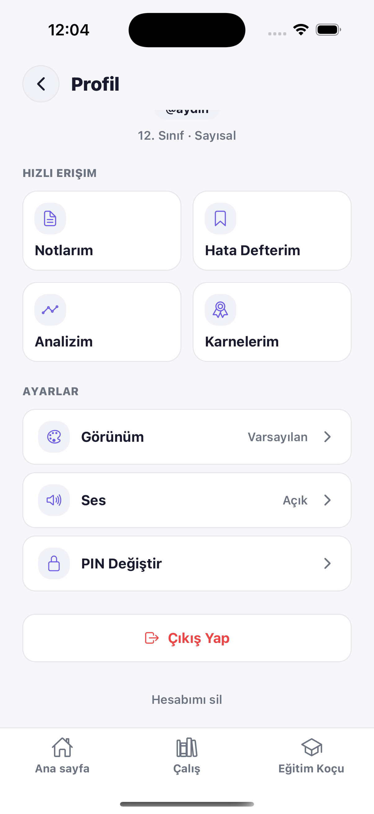 Profil sayfası — Hesabımı sil bağlantısı