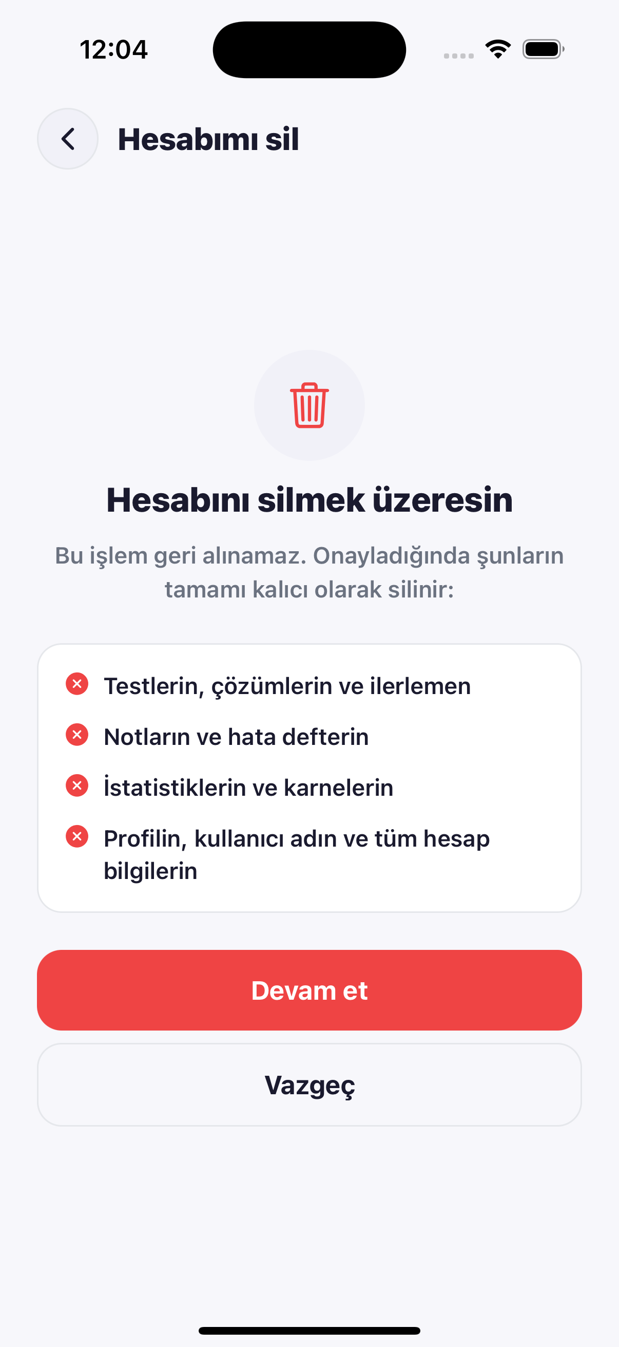 Hesap silme onay ekranı